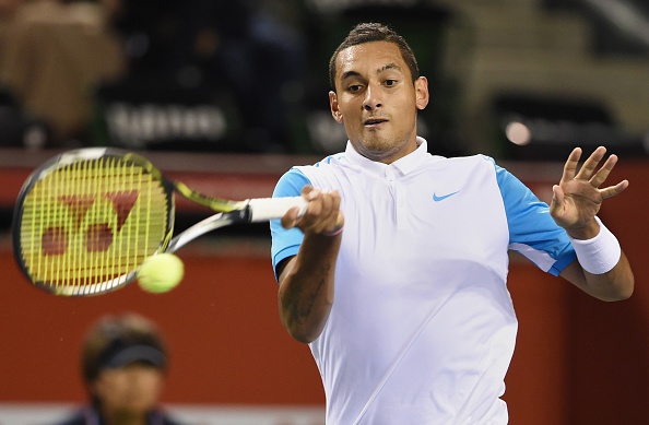 Nick Kyrgios of Australia hits a return against Benoit Paire of France during their quarter-final match at the Japan Open tennis tournament in Tokyo on October 9, 2015.      AFP PHOTO / Toru YAMANAKA        (Photo credit should read TORU YAMANAKA/AFP/Getty Images)